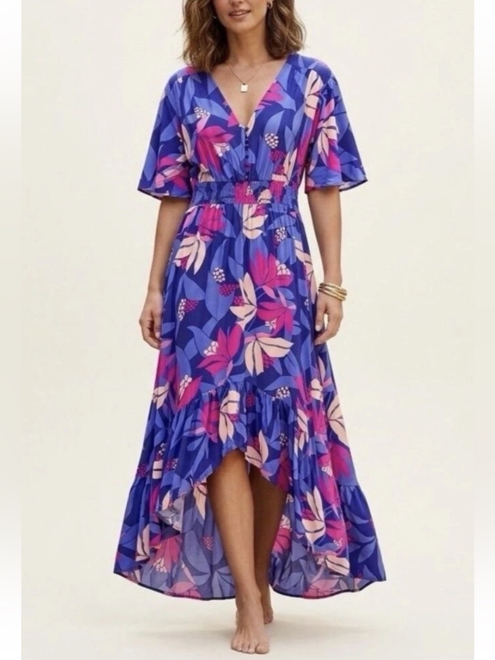 Anthropologie | Abel The Label Blue Floral Midi Dress with Pink Sz M